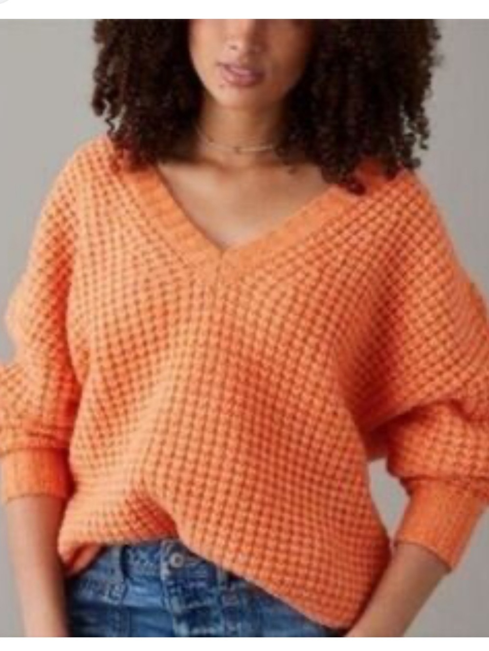 American Eagle Orange V-Neck Oversized Waffle Knit Sweater Size S - Picture 5 of 5